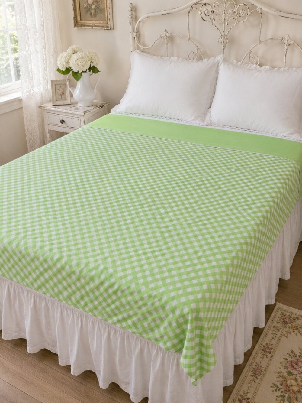 Vintage Cannon Monticello Green Gingham Full Flat Sheet 81x104 Cottagecor